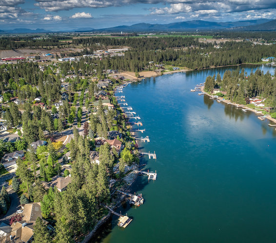 Aerial view of homes along the Spokane River