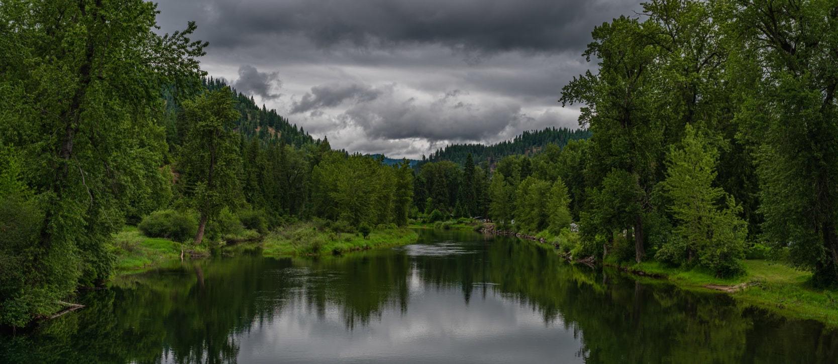 Harrison, Idaho lakefront surrounded by forestry on a cloudy, grey day
