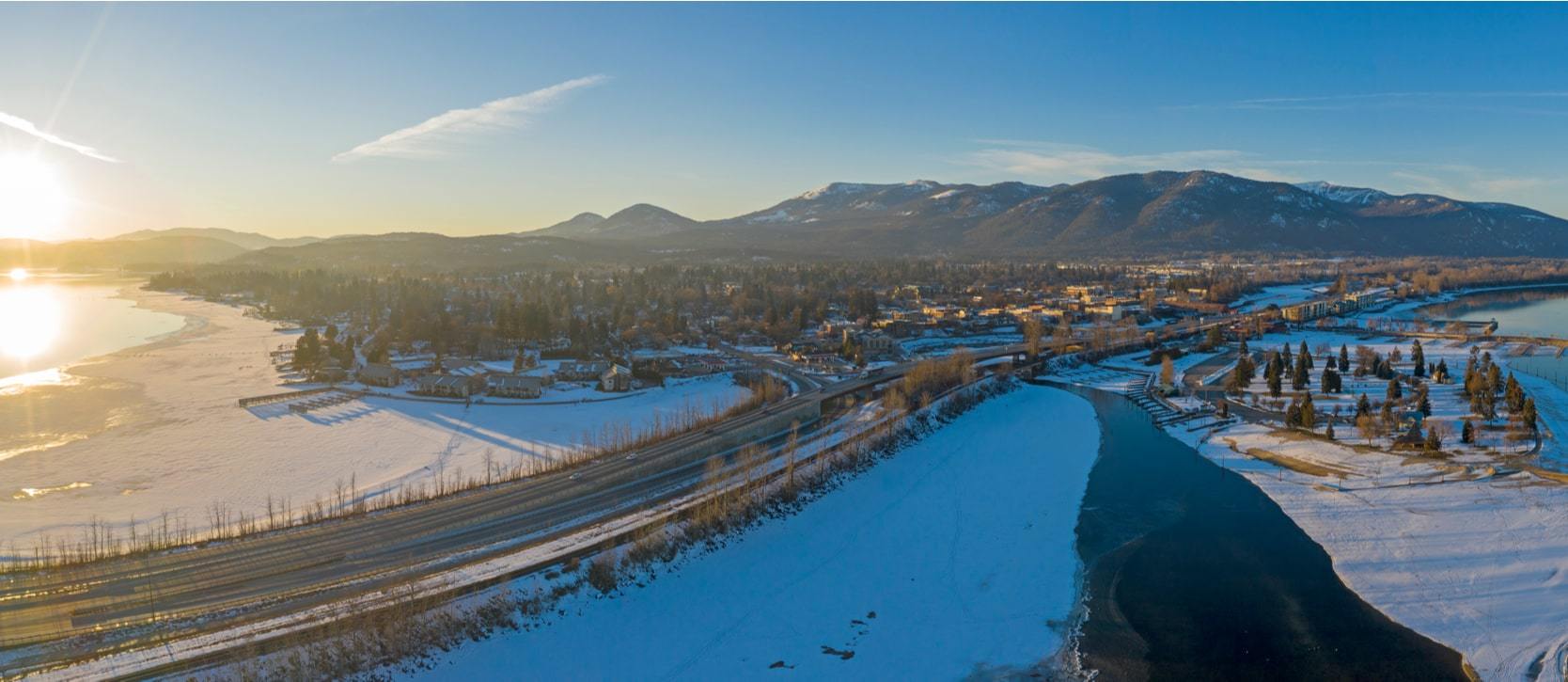 Beautiful panoramic aerial shot over Sandpoint near Coeur d'Alene