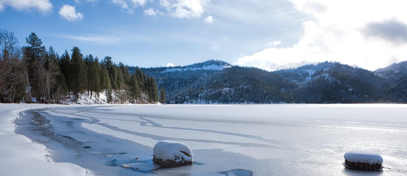 Gorgeous frozen Spirit Lake on a sunny day in Coeur d'Alene 